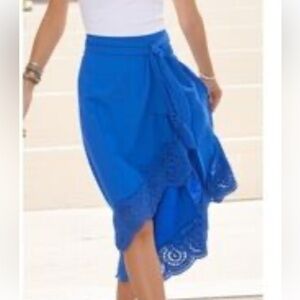 Jason Wu Linen Blend blue Eyelet midi Wrap A line Skirt Knotted Front size 8